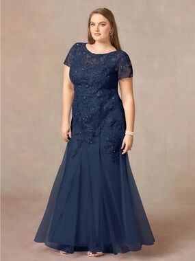Azazie Laurie Dark Navy Mermaid Scoop Sequins Tulle Dress Size 18. NWT